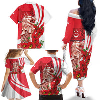 Singapore Family Matching Off The Shoulder Long Sleeve Dress and Hawaiian Shirt The Merlion With Red Orchid - Wonder Print Shop