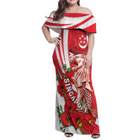 Singapore Family Matching Off Shoulder Maxi Dress and Hawaiian Shirt The Merlion With Red Orchid - Wonder Print Shop