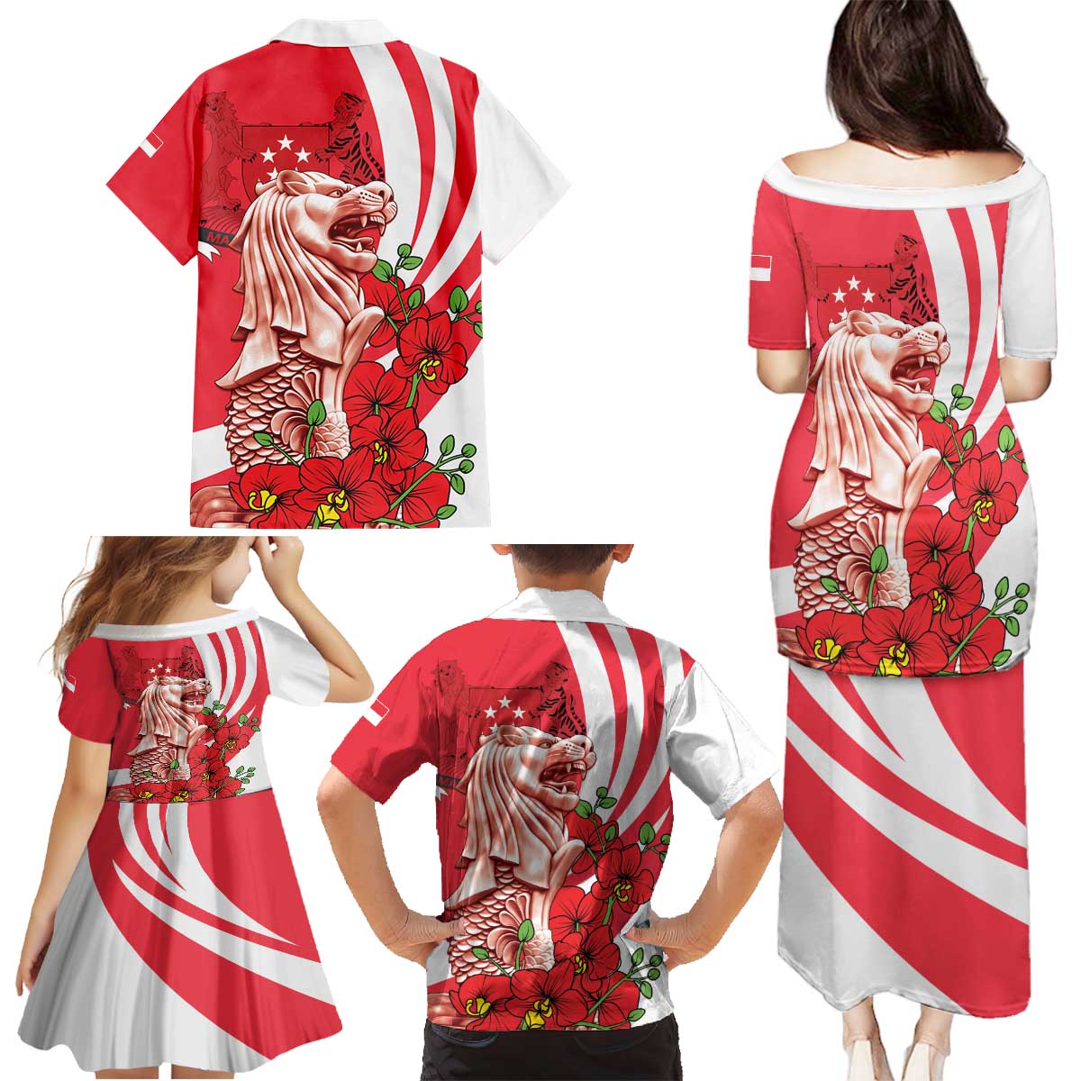Singapore Family Matching Puletasi and Hawaiian Shirt The Merlion With Red Orchid - Wonder Print Shop