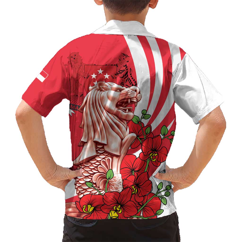 Singapore Family Matching Short Sleeve Bodycon Dress and Hawaiian Shirt The Merlion With Red Orchid - Wonder Print Shop