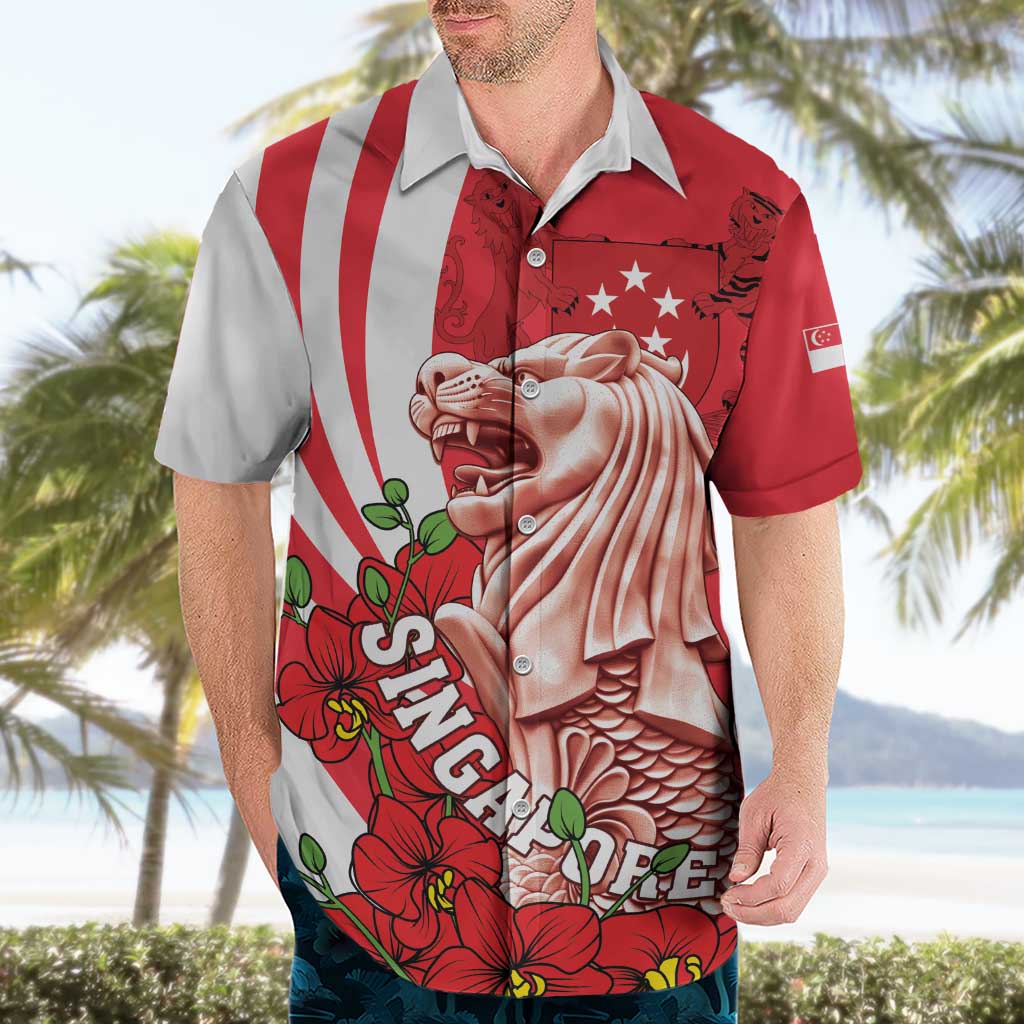 Singapore Hawaiian Shirt The Merlion With Red Orchid - Wonder Print Shop
