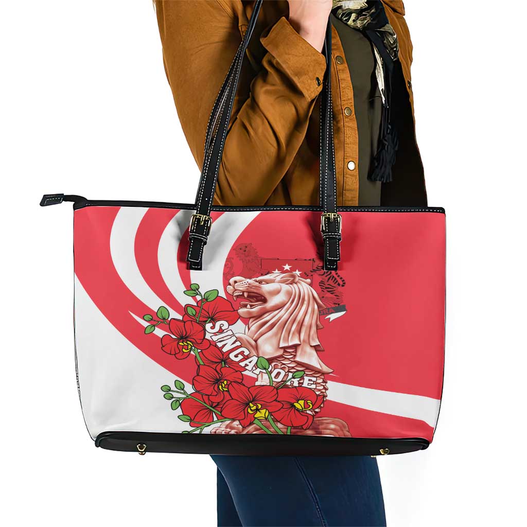 Singapore Leather Tote Bag The Merlion With Red Orchid - Wonder Print Shop