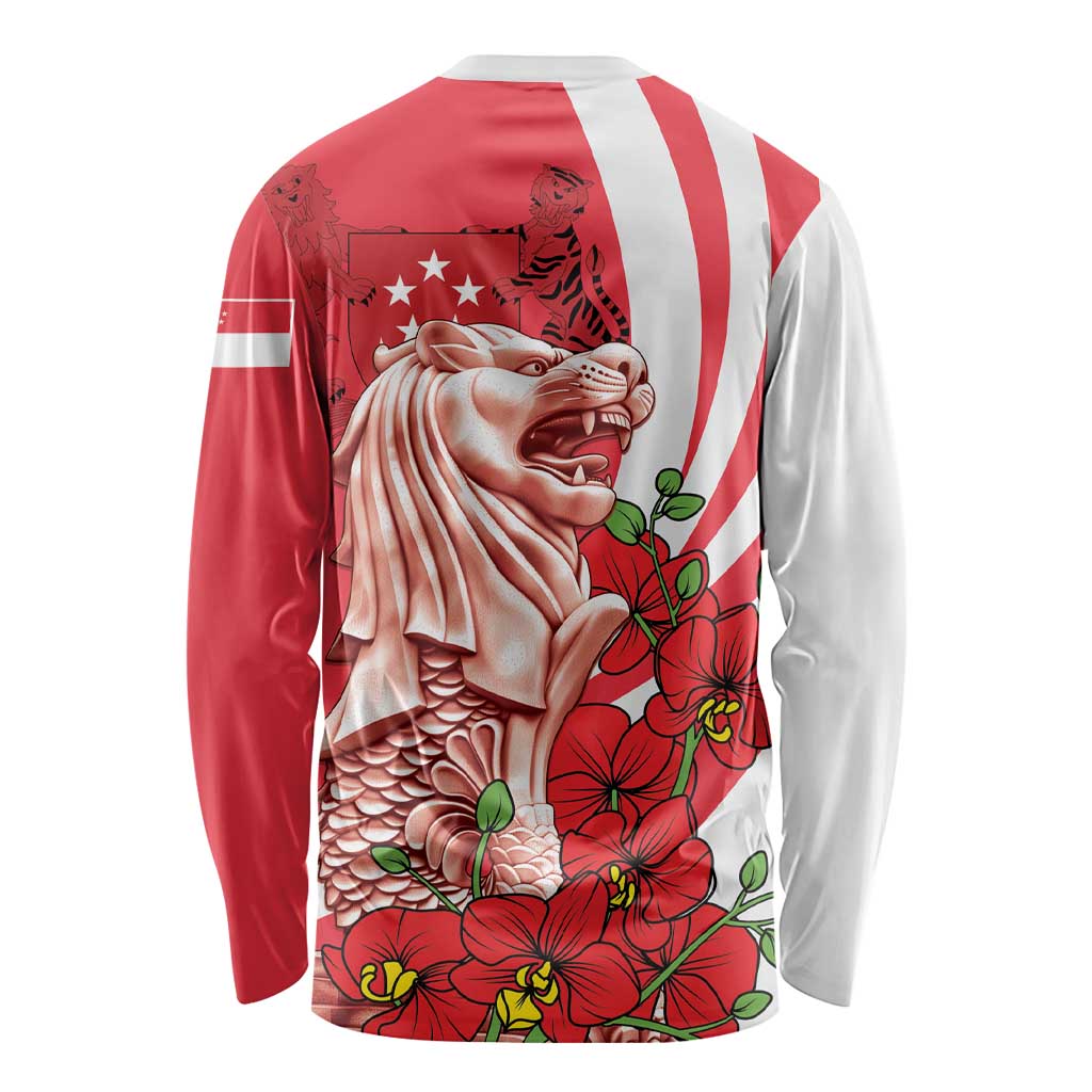 Singapore Long Sleeve Shirt The Merlion With Red Orchid - Wonder Print Shop