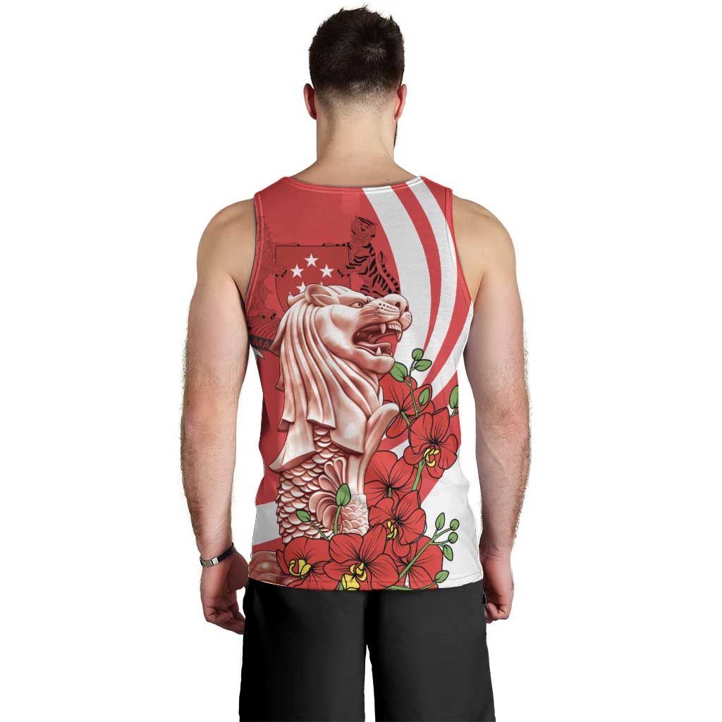 Singapore Men Tank Top The Merlion With Red Orchid - Wonder Print Shop
