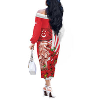 Singapore Off The Shoulder Long Sleeve Dress The Merlion With Red Orchid - Wonder Print Shop