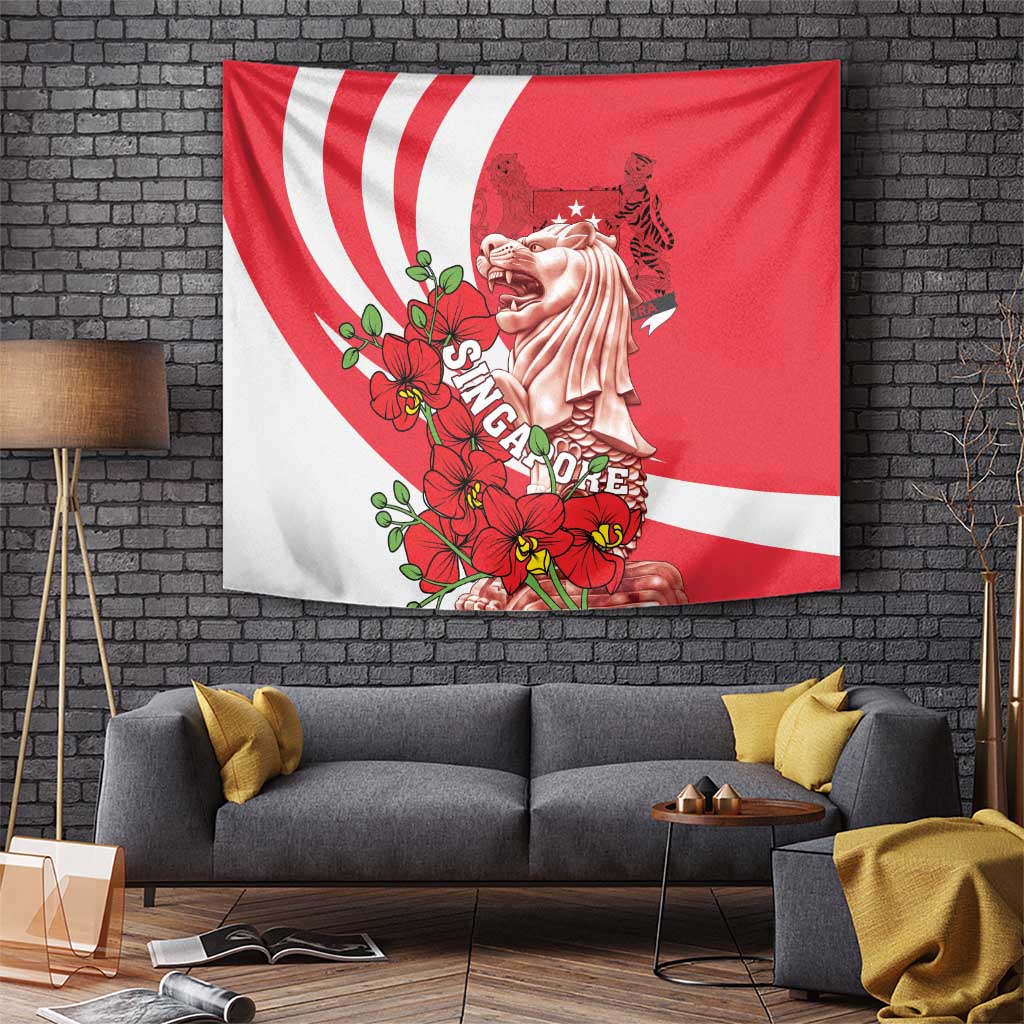 Singapore Tapestry The Merlion With Red Orchid - Wonder Print Shop