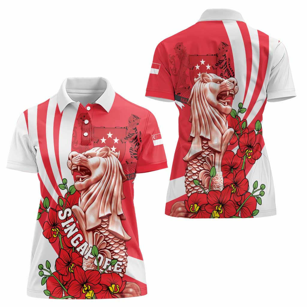 Singapore Women Polo Shirt The Merlion With Red Orchid - Wonder Print Shop