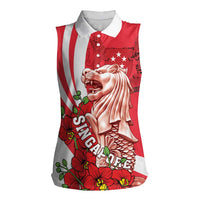 Singapore Women Sleeveless Polo Shirt The Merlion With Red Orchid - Wonder Print Shop
