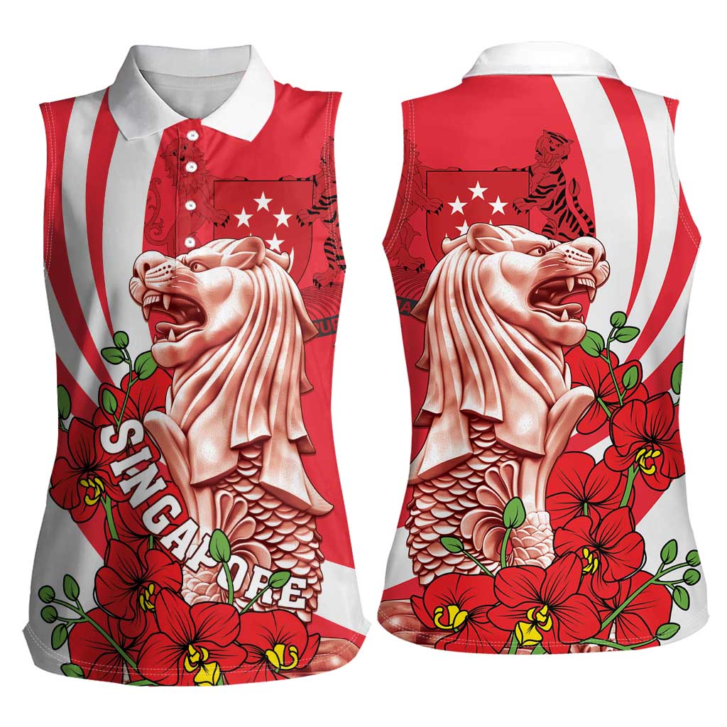 Singapore Women Sleeveless Polo Shirt The Merlion With Red Orchid - Wonder Print Shop