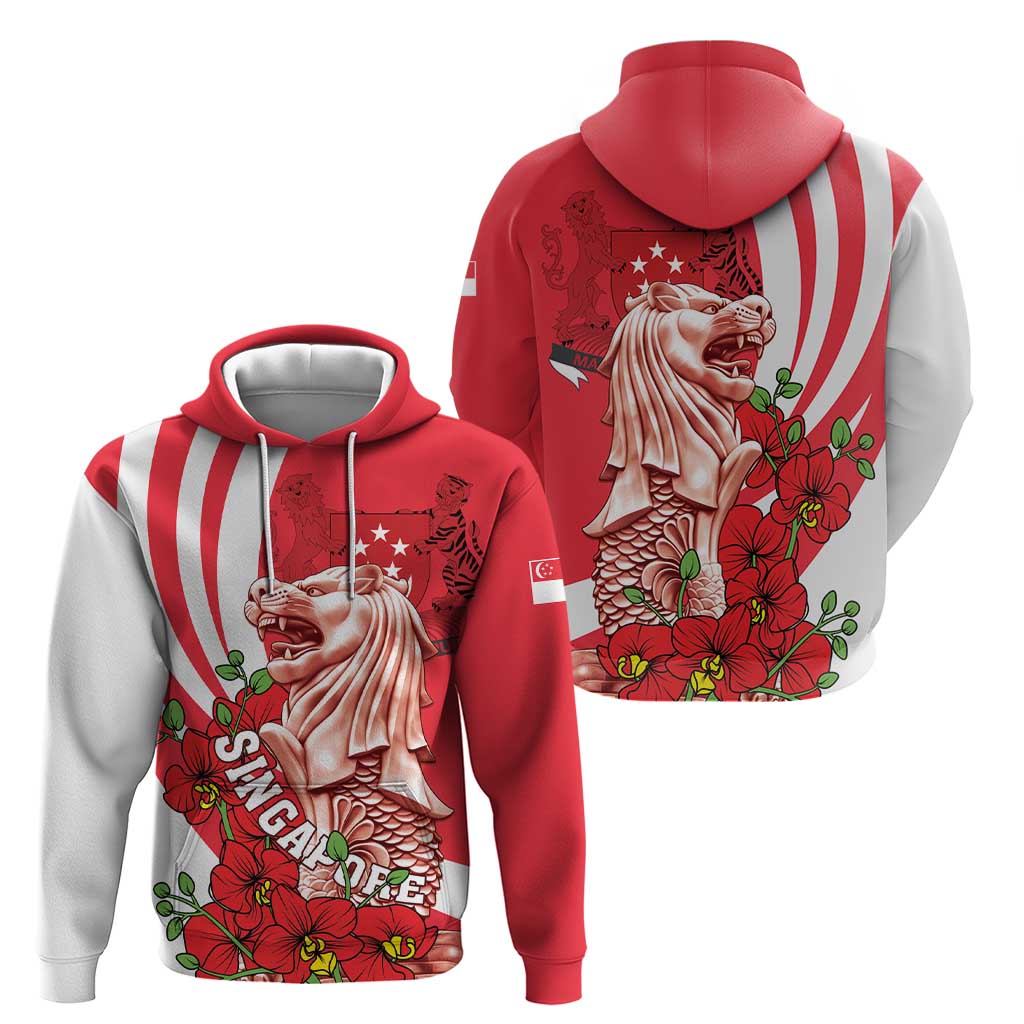 Singapore Zip Hoodie The Merlion With Red Orchid - Wonder Print Shop