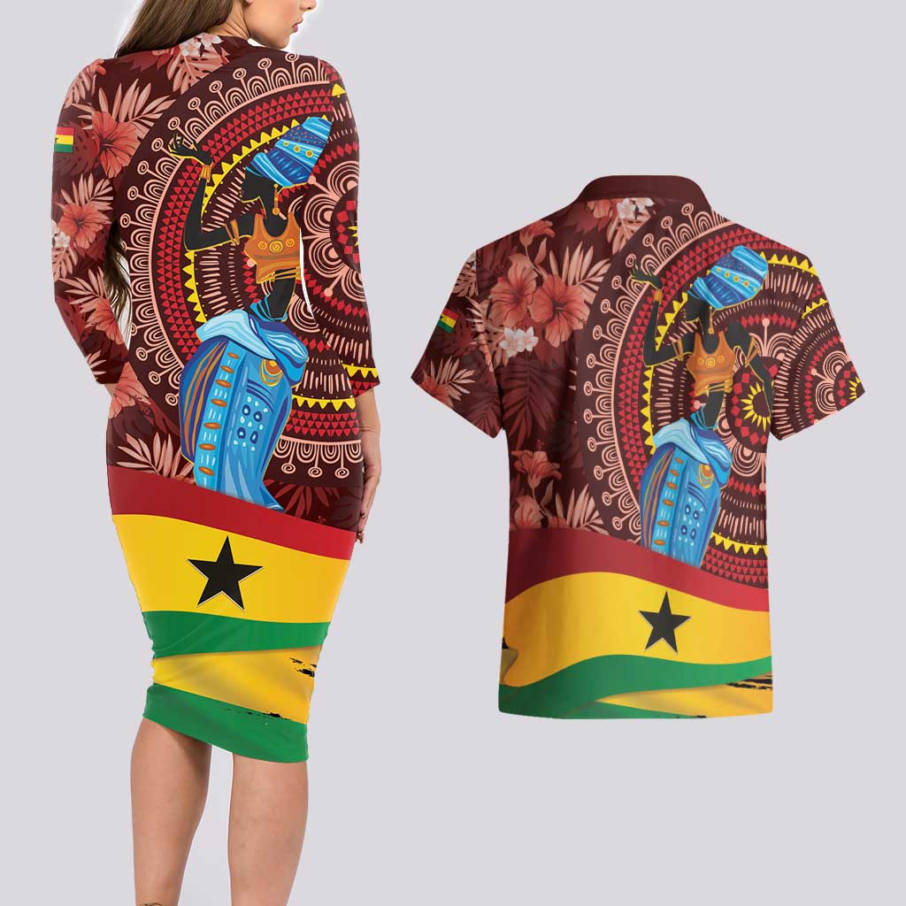 Panafest Couples Matching Long Sleeve Bodycon Dress and Hawaiian Shirt Ghana Tropical African Pattern - Wonder Print Shop