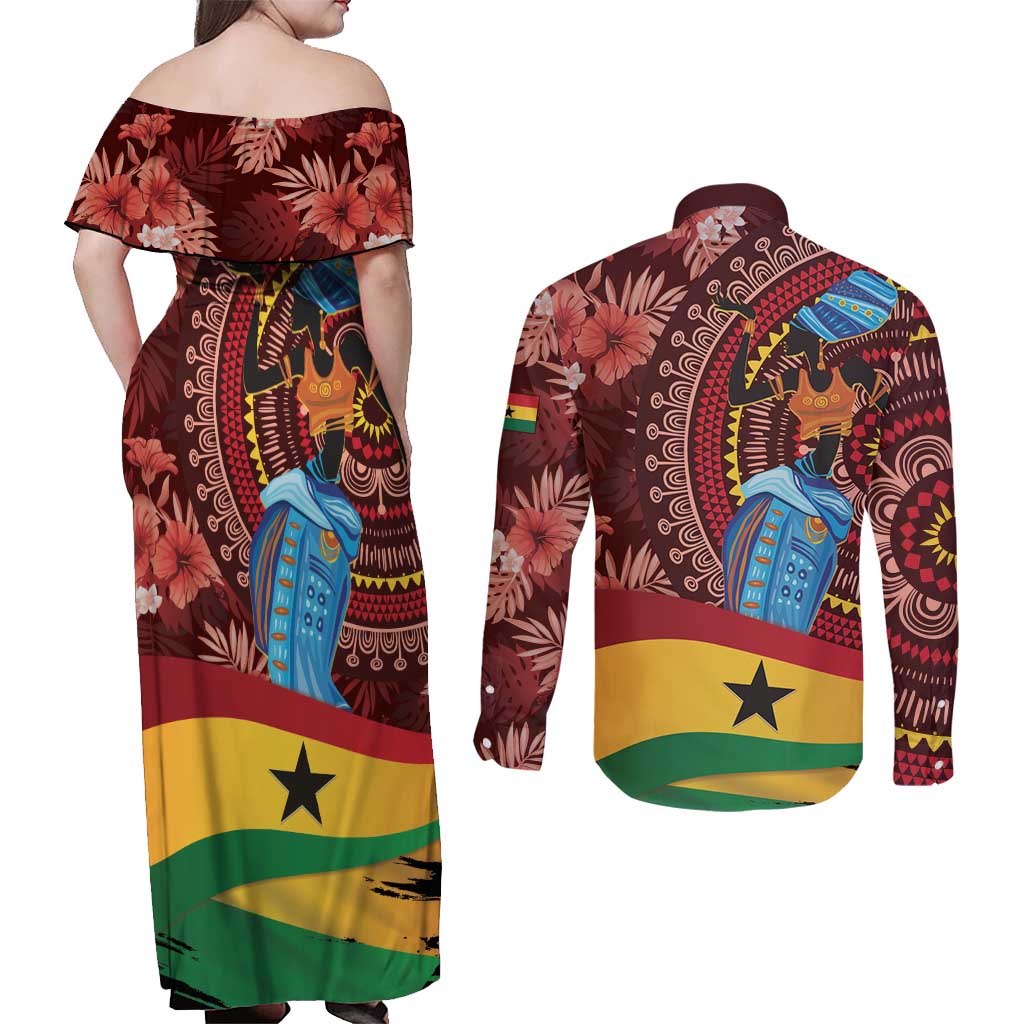 Panafest Couples Matching Off Shoulder Maxi Dress and Long Sleeve Button Shirt Ghana Tropical African Pattern - Wonder Print Shop