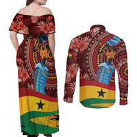 Panafest Couples Matching Off Shoulder Maxi Dress and Long Sleeve Button Shirt Ghana Tropical African Pattern - Wonder Print Shop