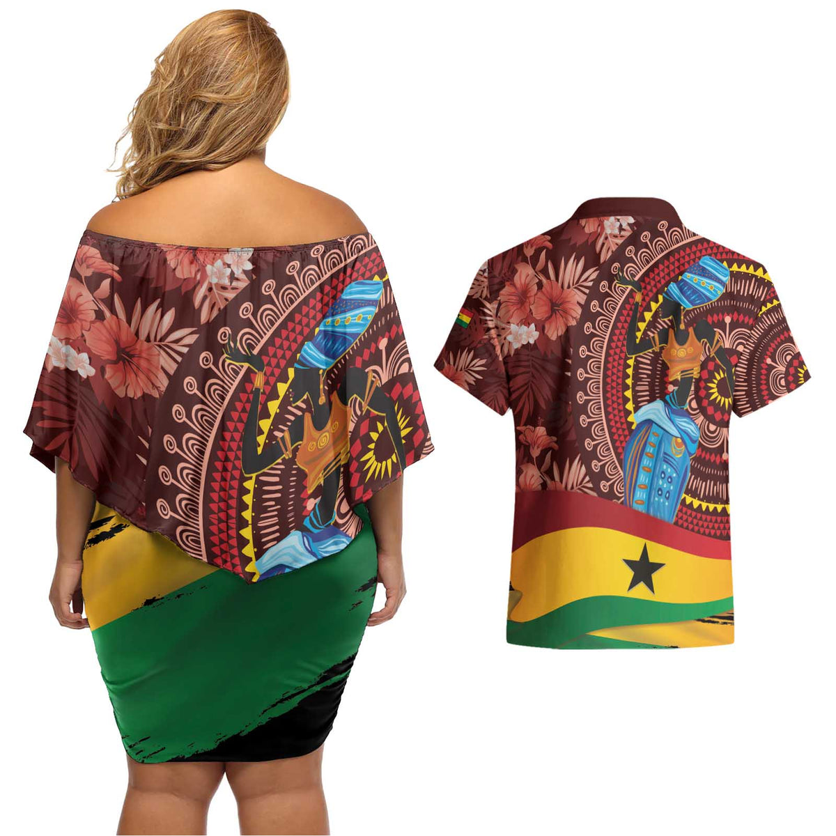 Panafest Couples Matching Off Shoulder Short Dress and Hawaiian Shirt Ghana Tropical African Pattern - Wonder Print Shop