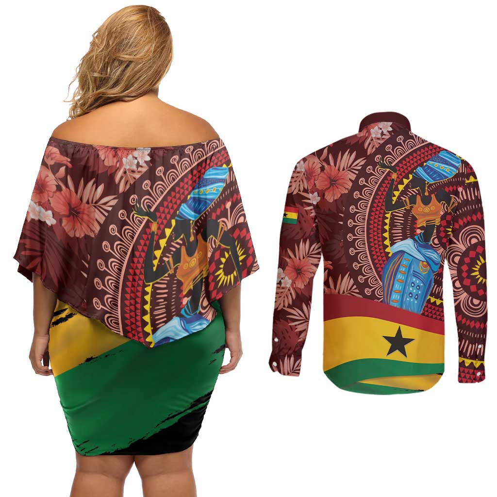 Panafest Couples Matching Off Shoulder Short Dress and Long Sleeve Button Shirt Ghana Tropical African Pattern - Wonder Print Shop