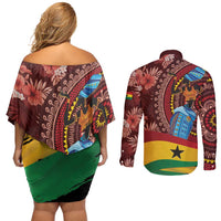 Panafest Couples Matching Off Shoulder Short Dress and Long Sleeve Button Shirt Ghana Tropical African Pattern - Wonder Print Shop
