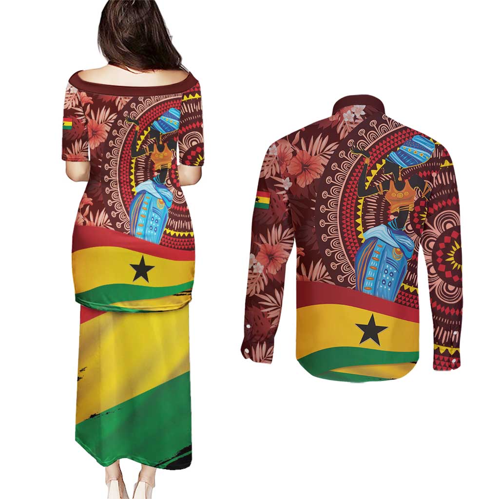 Panafest Couples Matching Puletasi and Long Sleeve Button Shirt Ghana Tropical African Pattern - Wonder Print Shop