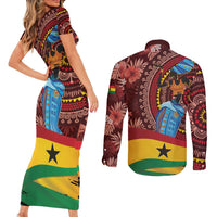 Panafest Couples Matching Short Sleeve Bodycon Dress and Long Sleeve Button Shirt Ghana Tropical African Pattern - Wonder Print Shop
