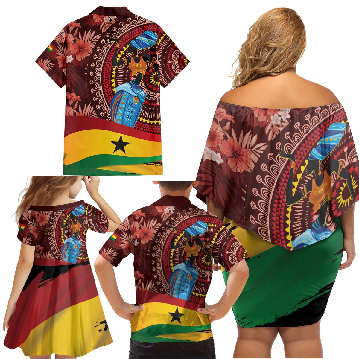 Panafest Family Matching Off Shoulder Short Dress and Hawaiian Shirt Ghana Tropical African Pattern - Wonder Print Shop