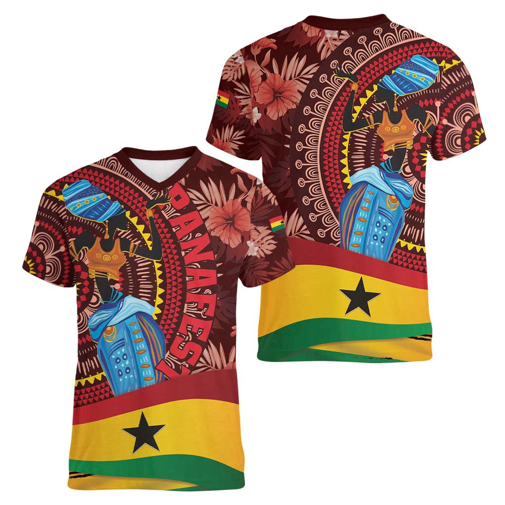 Panafest Women V-Neck T-Shirt Ghana Tropical African Pattern - Wonder Print Shop