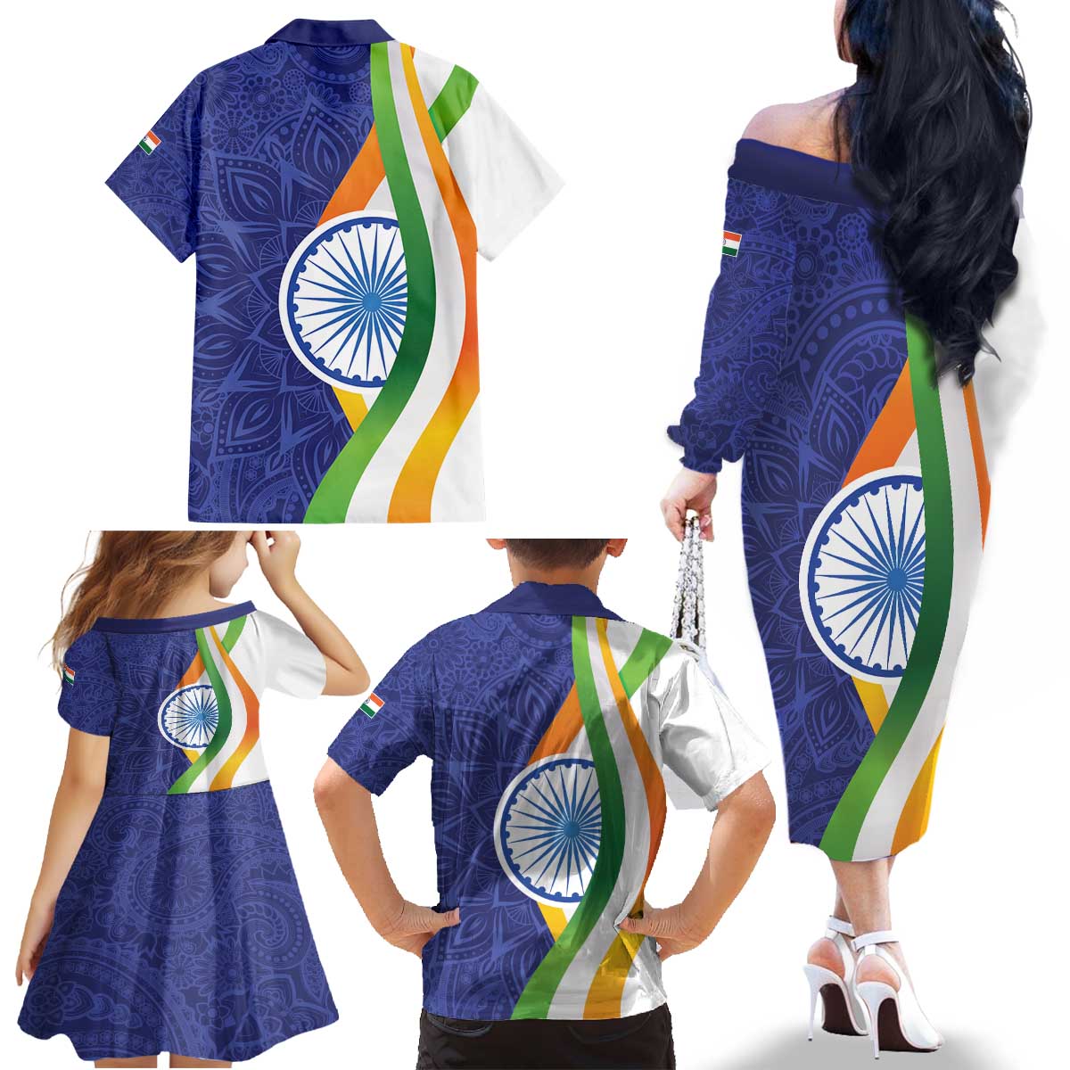 India Independence Day Family Matching Off The Shoulder Long Sleeve Dress and Hawaiian Shirt Mandala Paisley Floral - Wonder Print Shop
