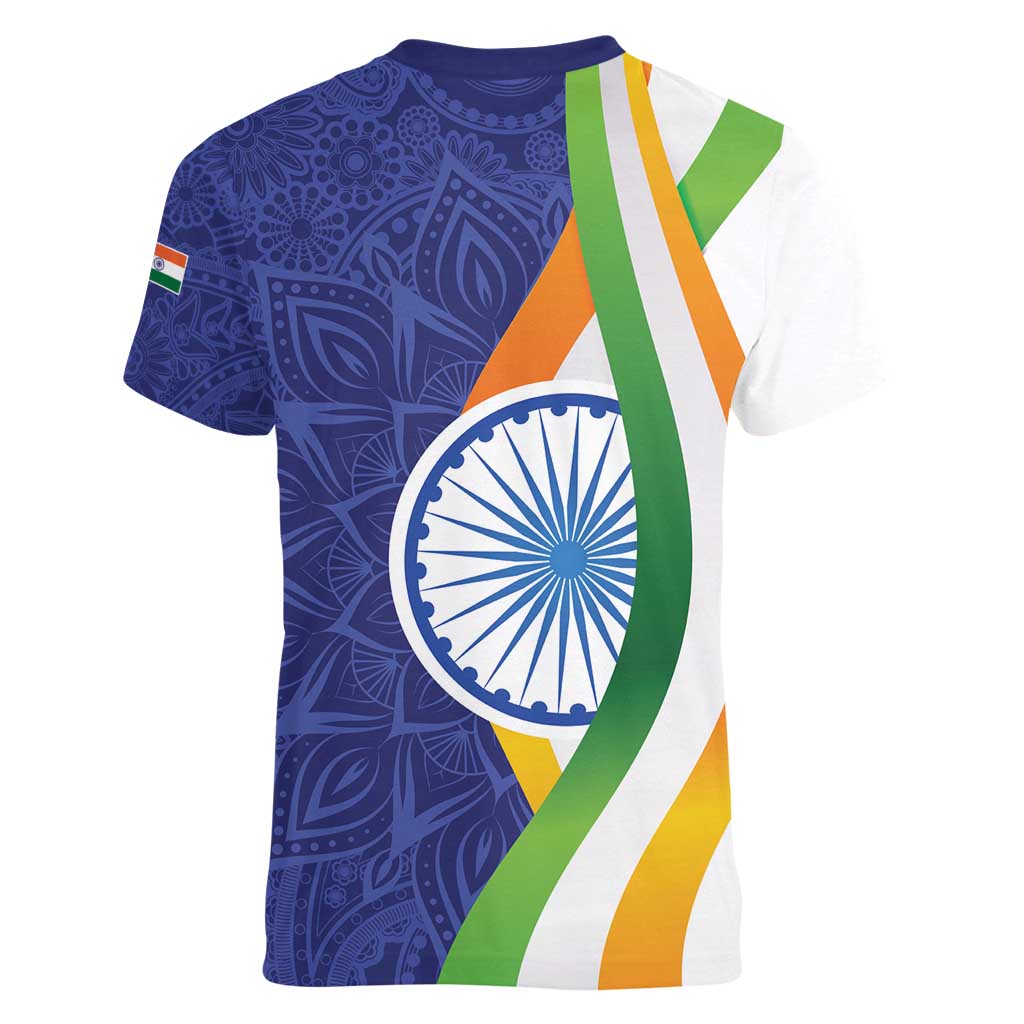 India Independence Day Women V-Neck T-Shirt Mandala Paisley Floral - Wonder Print Shop