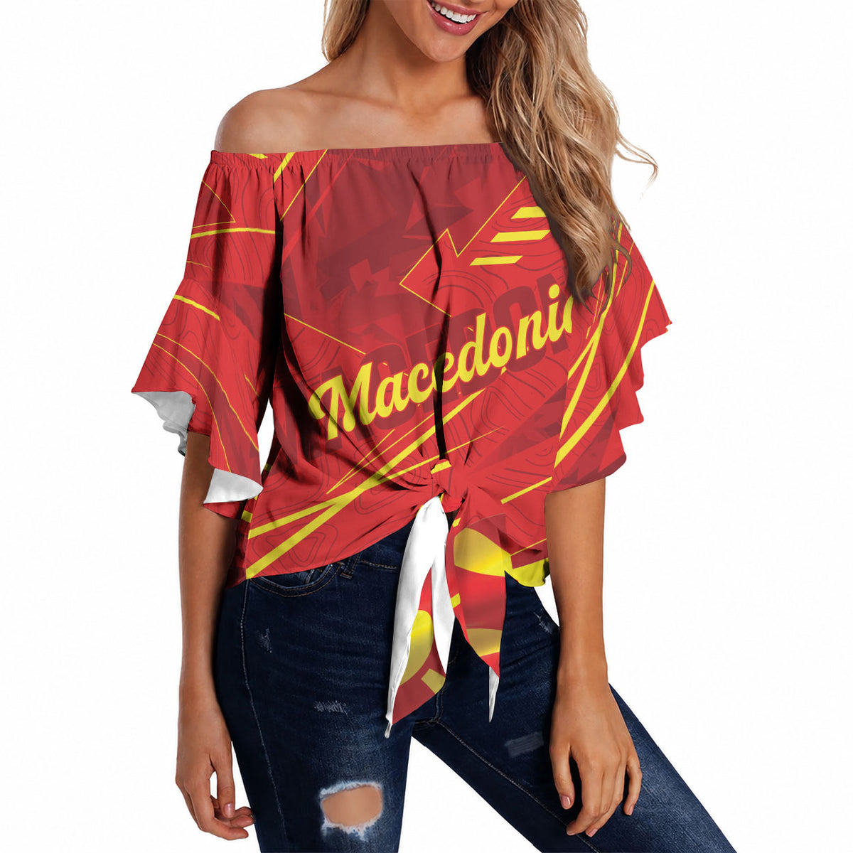 Personalised Macedonia Off Shoulder Wrap Waist Top Flag Color Inspired