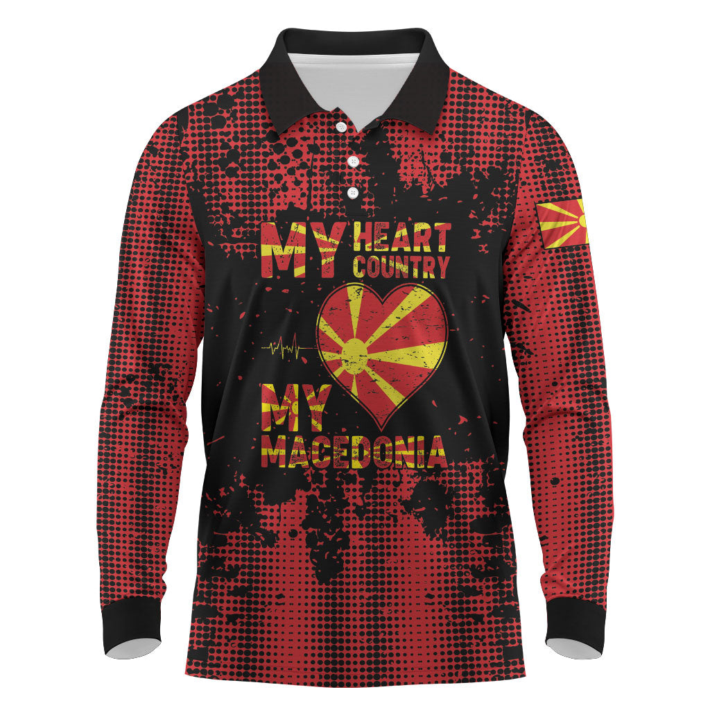 Personalised My Heart My Country My Macedonia Long Sleeve Polo Shirt Grunge Style