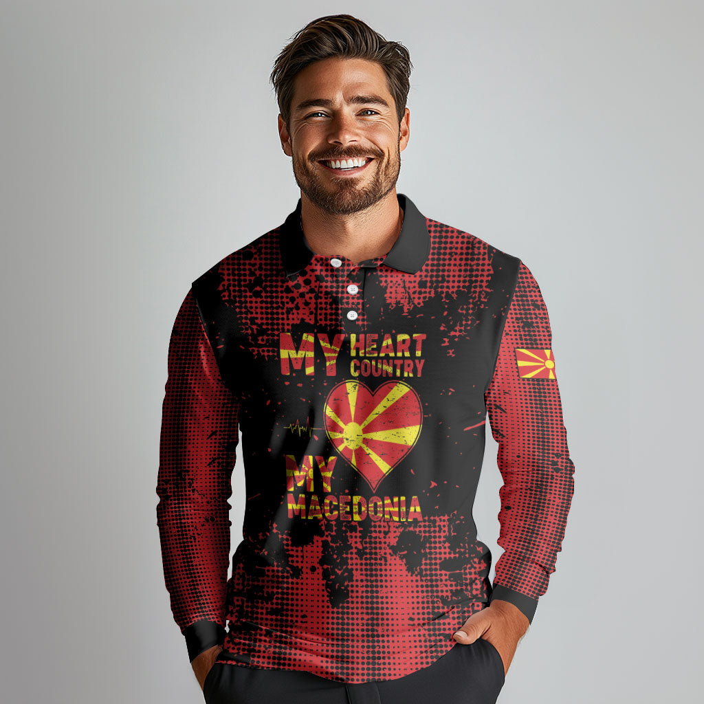 Personalised My Heart My Country My Macedonia Long Sleeve Polo Shirt Grunge Style
