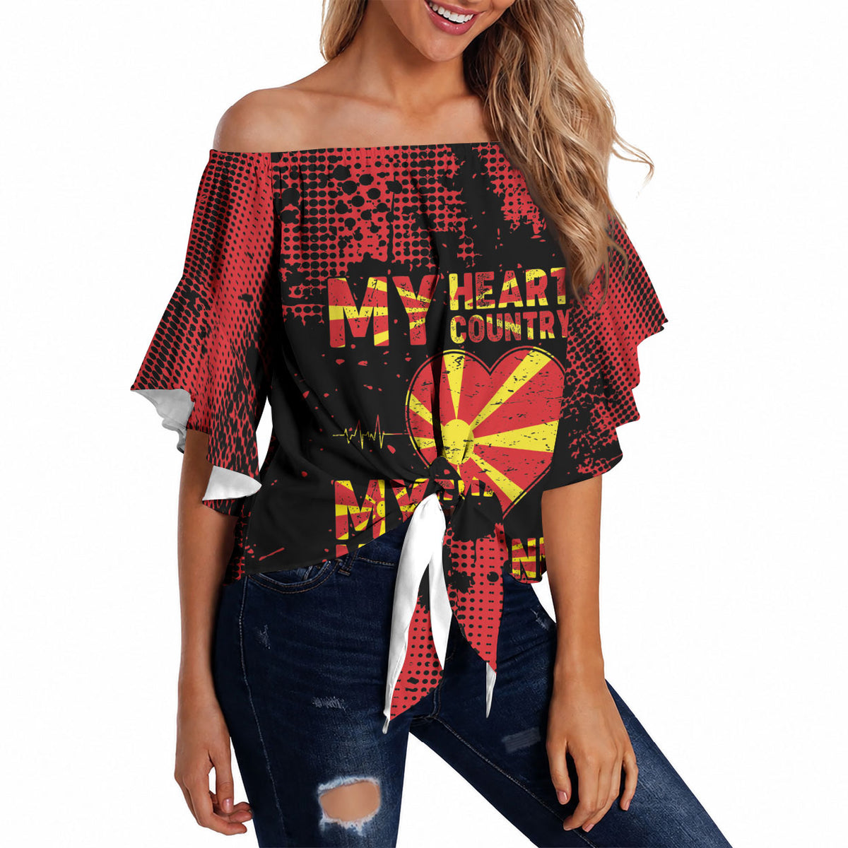 Personalised My Heart My Country My Macedonia Off Shoulder Wrap Waist Top Grunge Style