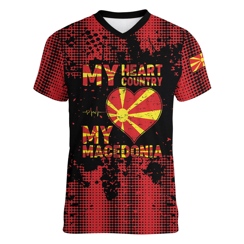 Personalised My Heart My Country My Macedonia Women V-Neck T-Shirt Grunge Style