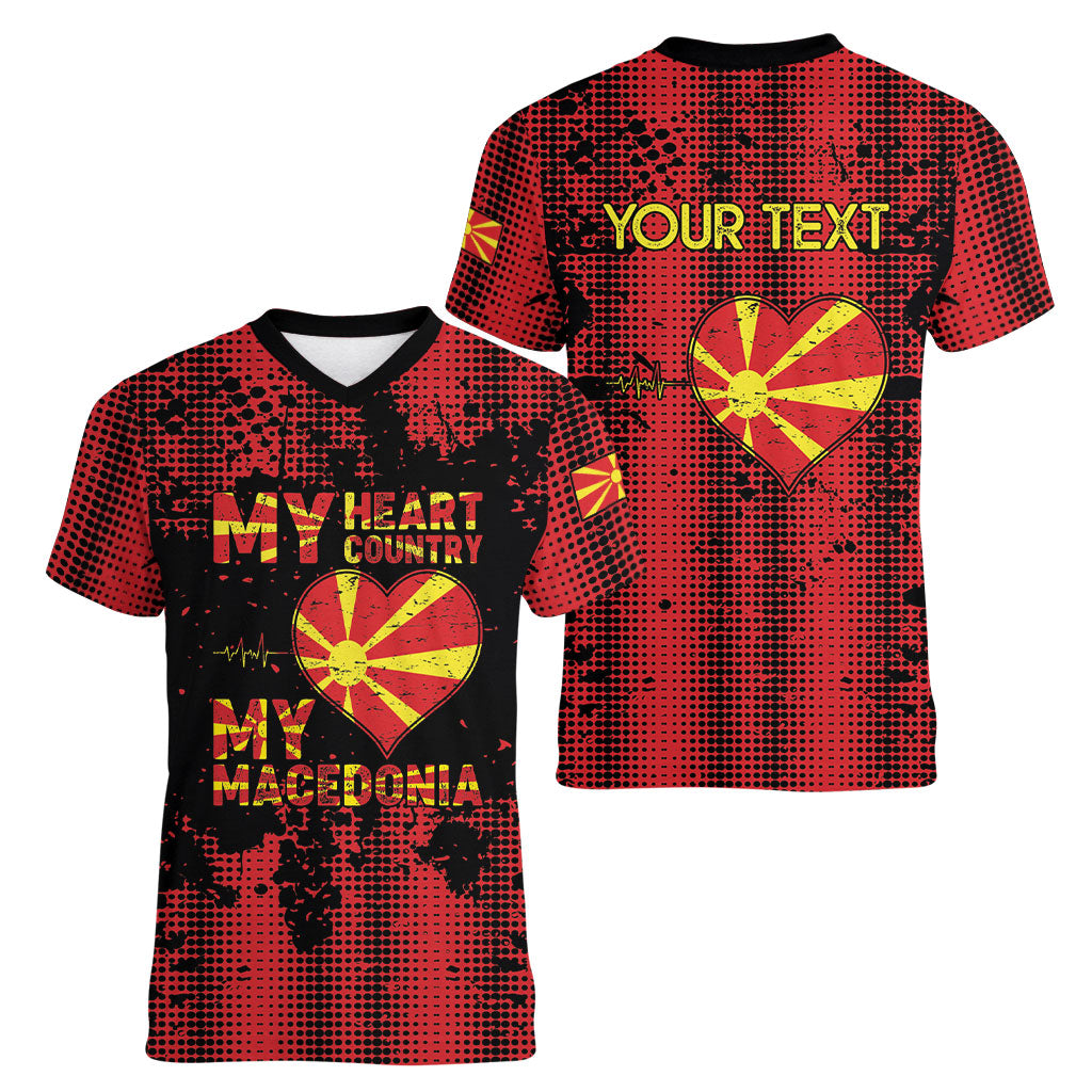 Personalised My Heart My Country My Macedonia Women V-Neck T-Shirt Grunge Style