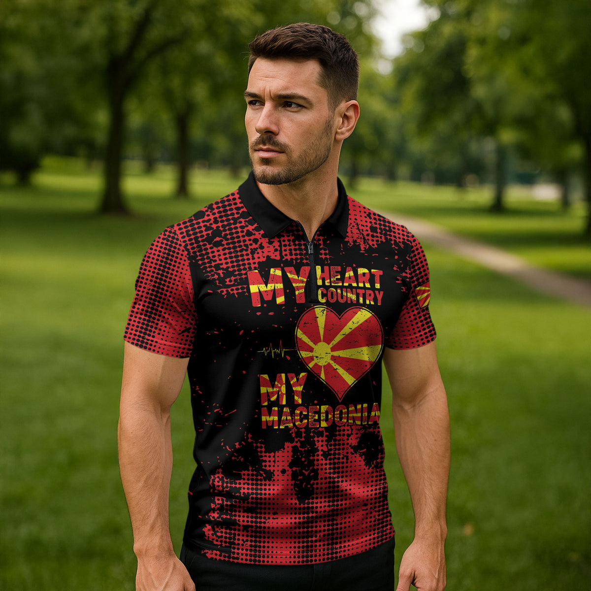 Personalised My Heart My Country My Macedonia Zipper Polo Shirt Grunge Style