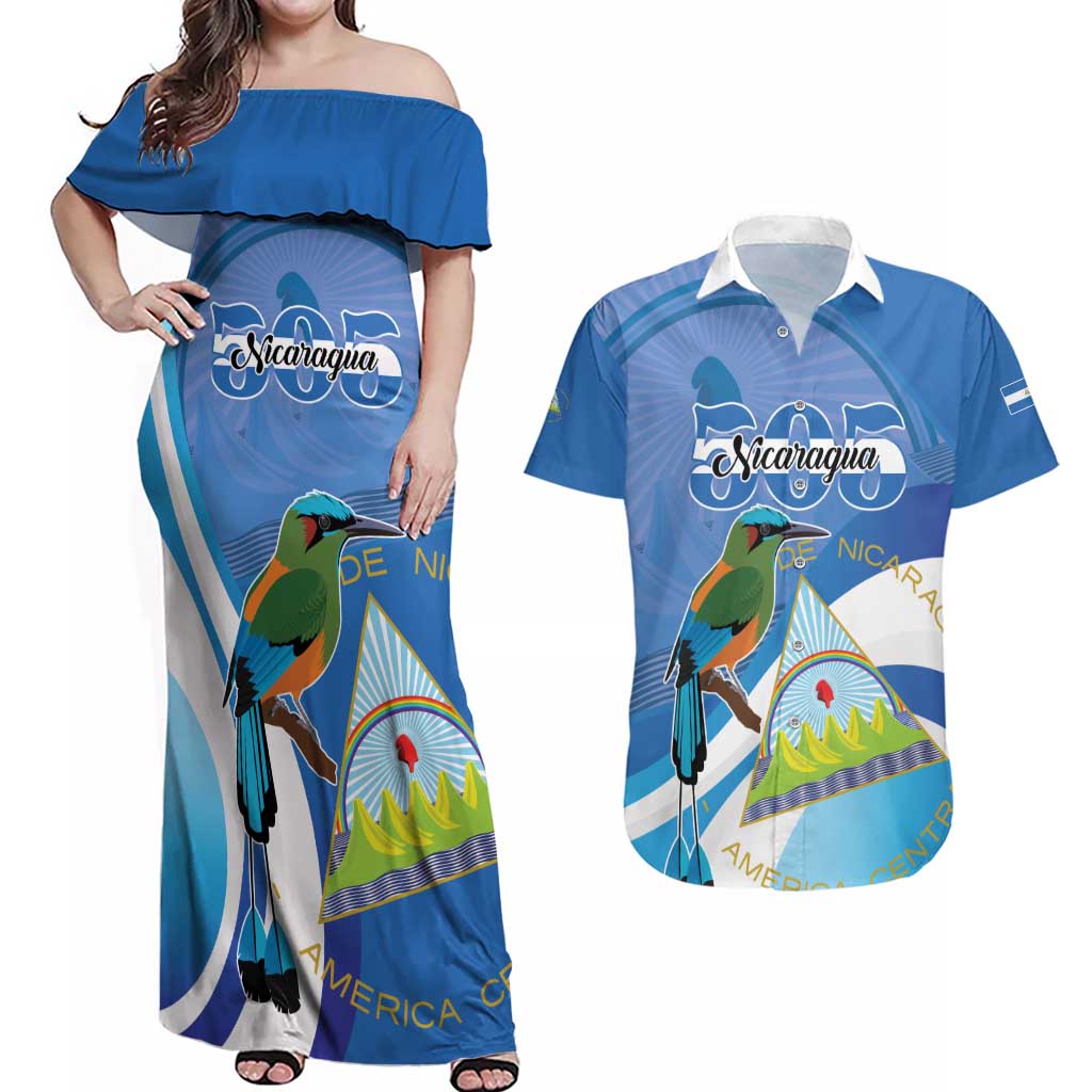Nicaragua 505 Guardabarranco Couples Matching Off Shoulder Maxi Dress and Hawaiian Shirt En Dios confiamos - Wonder Print Shop