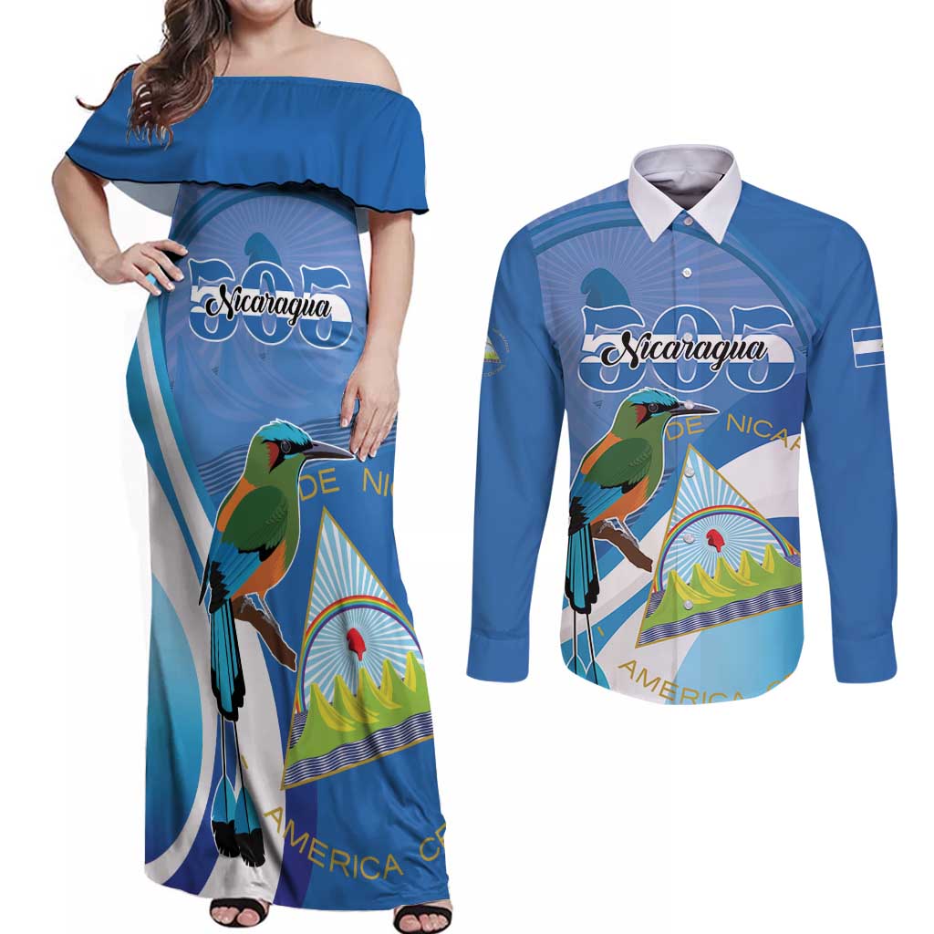 Nicaragua 505 Guardabarranco Couples Matching Off Shoulder Maxi Dress and Long Sleeve Button Shirt En Dios confiamos - Wonder Print Shop