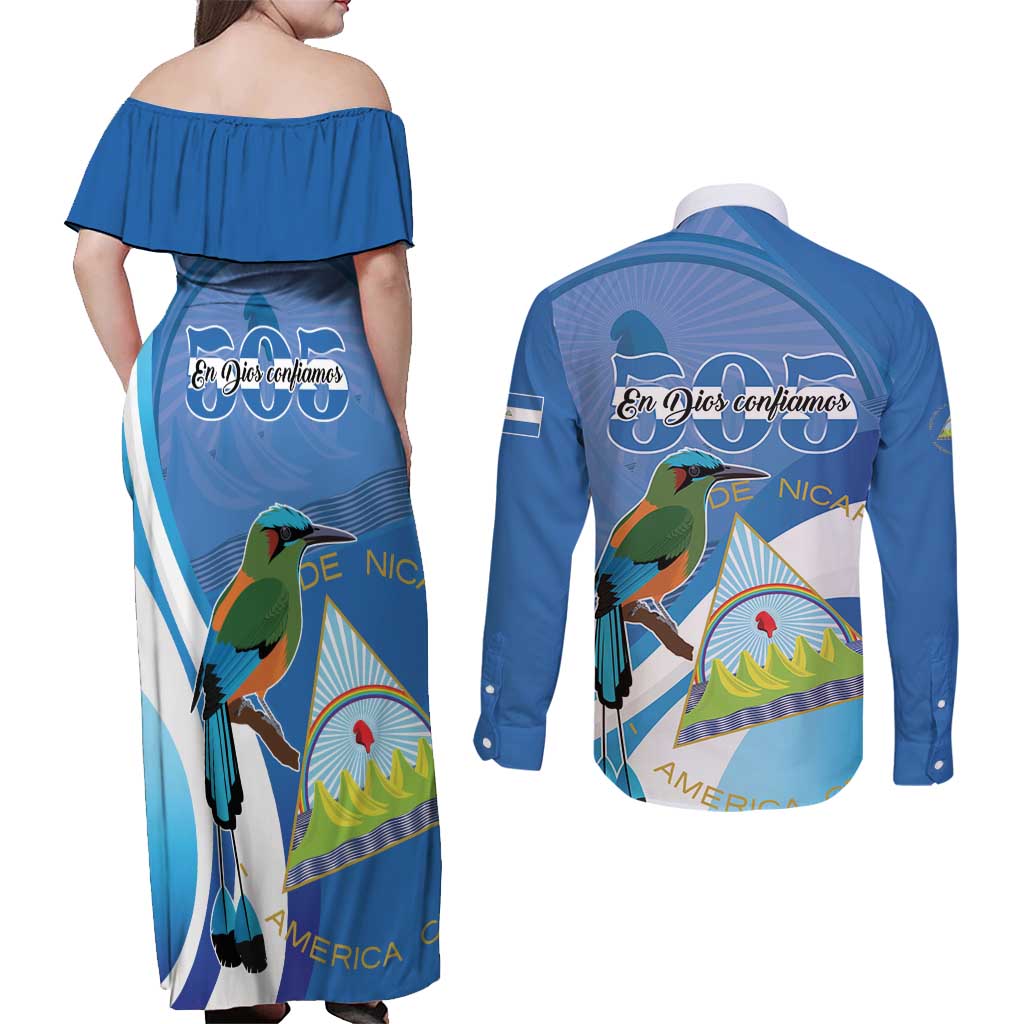Nicaragua 505 Guardabarranco Couples Matching Off Shoulder Maxi Dress and Long Sleeve Button Shirt En Dios confiamos - Wonder Print Shop