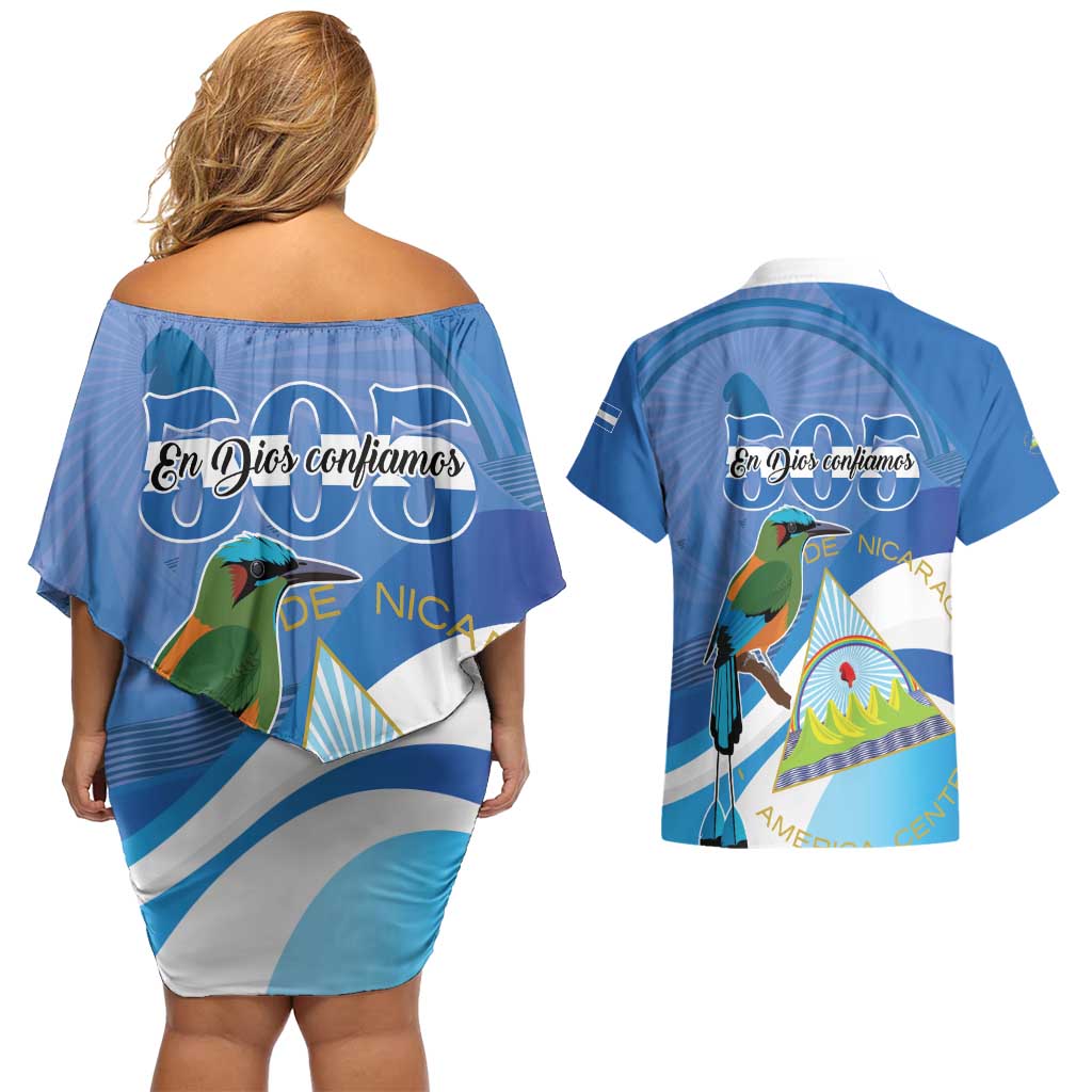 Nicaragua 505 Guardabarranco Couples Matching Off Shoulder Short Dress and Hawaiian Shirt En Dios confiamos - Wonder Print Shop
