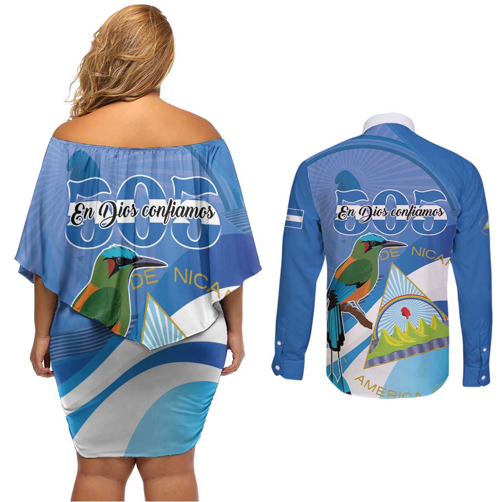 Nicaragua 505 Guardabarranco Couples Matching Off Shoulder Short Dress and Long Sleeve Button Shirt En Dios confiamos - Wonder Print Shop