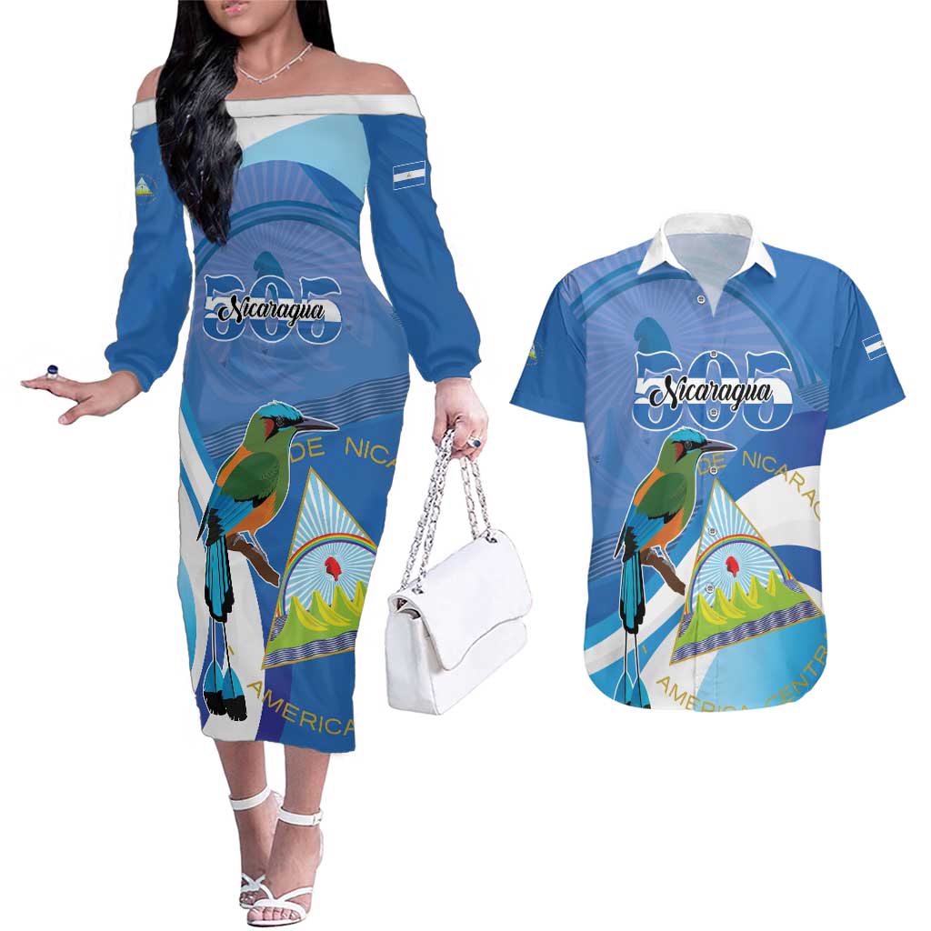 Nicaragua 505 Guardabarranco Couples Matching Off The Shoulder Long Sleeve Dress and Hawaiian Shirt En Dios confiamos - Wonder Print Shop