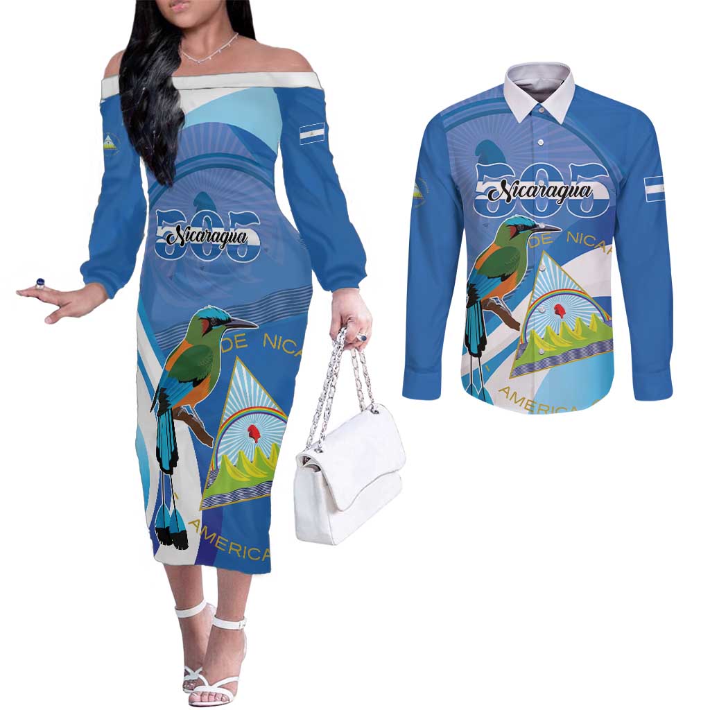 Nicaragua 505 Guardabarranco Couples Matching Off The Shoulder Long Sleeve Dress and Long Sleeve Button Shirt En Dios confiamos - Wonder Print Shop