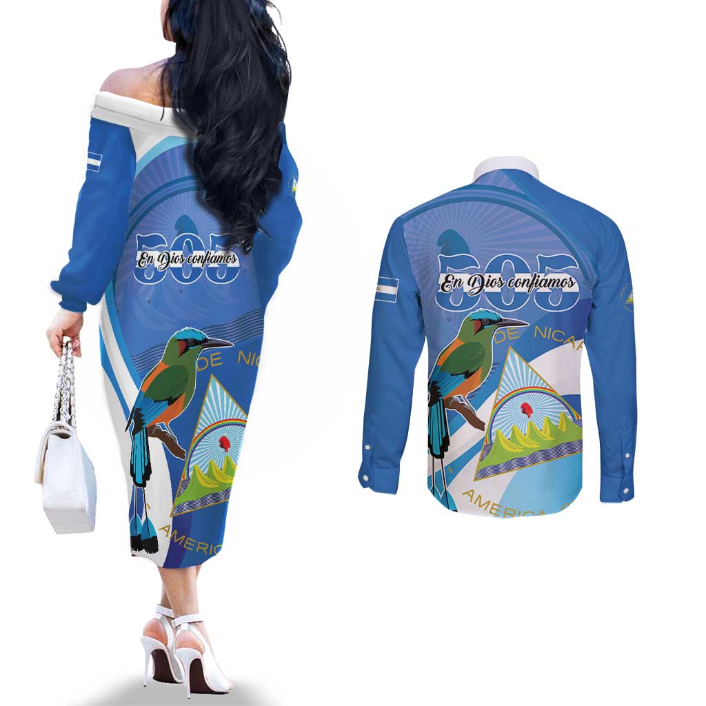 Nicaragua 505 Guardabarranco Couples Matching Off The Shoulder Long Sleeve Dress and Long Sleeve Button Shirt En Dios confiamos - Wonder Print Shop