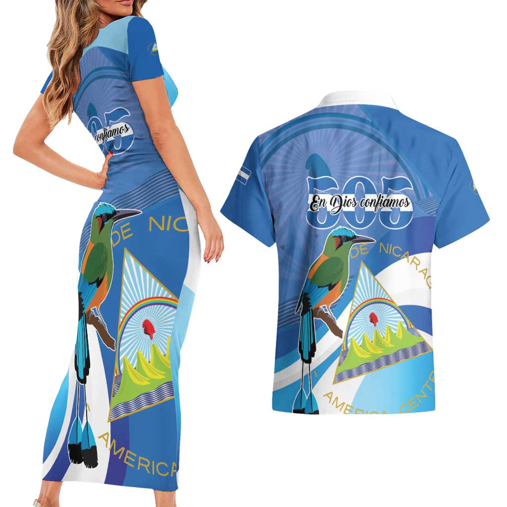 Nicaragua 505 Guardabarranco Couples Matching Short Sleeve Bodycon Dress and Hawaiian Shirt En Dios confiamos - Wonder Print Shop