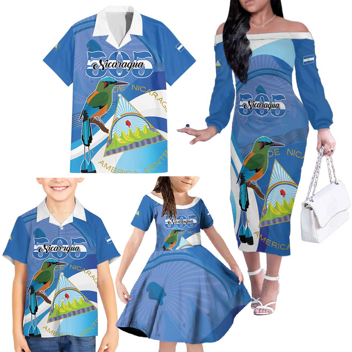 Nicaragua 505 Guardabarranco Family Matching Off The Shoulder Long Sleeve Dress and Hawaiian Shirt En Dios confiamos - Wonder Print Shop