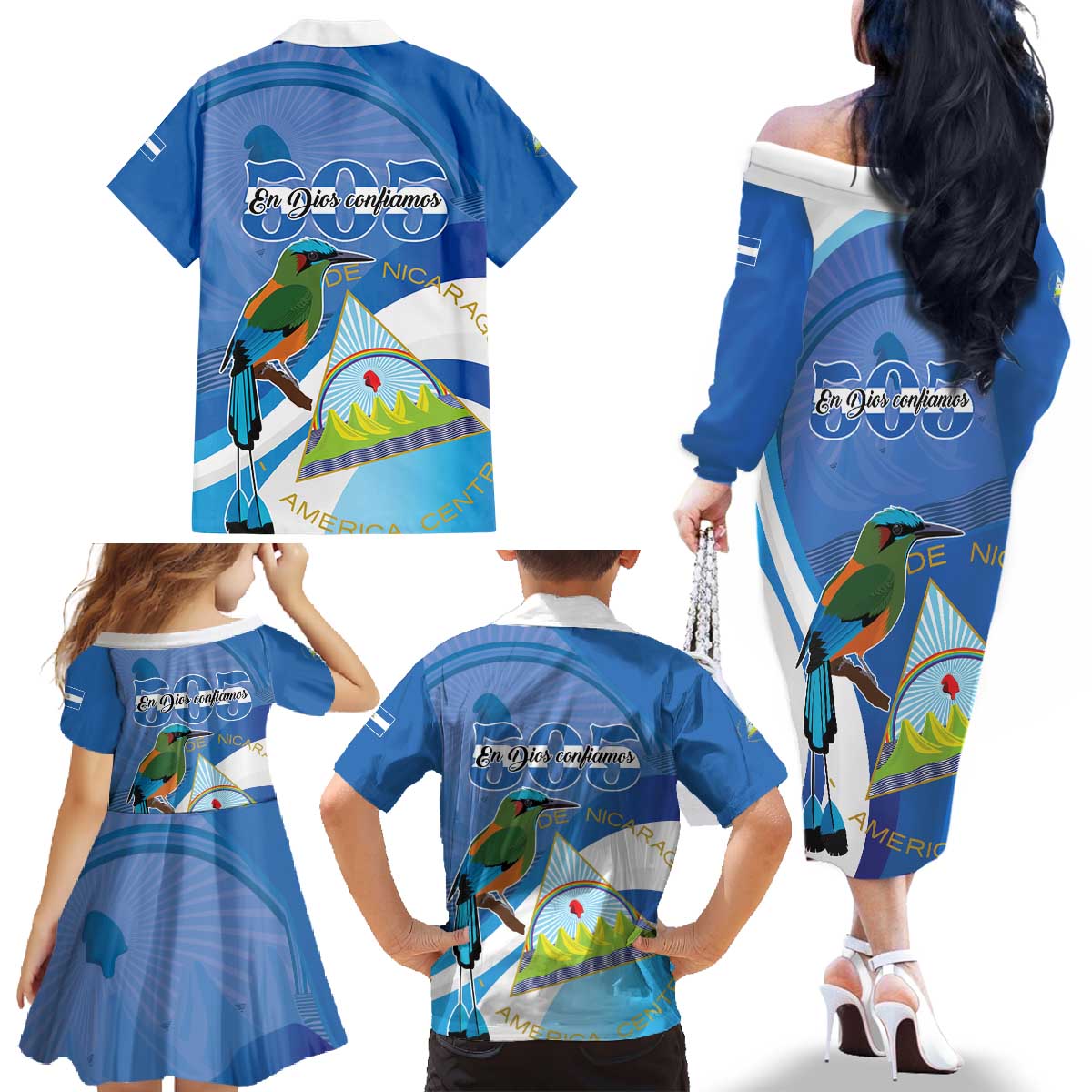 Nicaragua 505 Guardabarranco Family Matching Off The Shoulder Long Sleeve Dress and Hawaiian Shirt En Dios confiamos - Wonder Print Shop