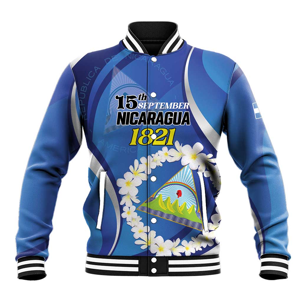 Personalized Nicaragua Independence Day 1821 Baseball Jacket Plumeria Floral - Wonder Print Shop