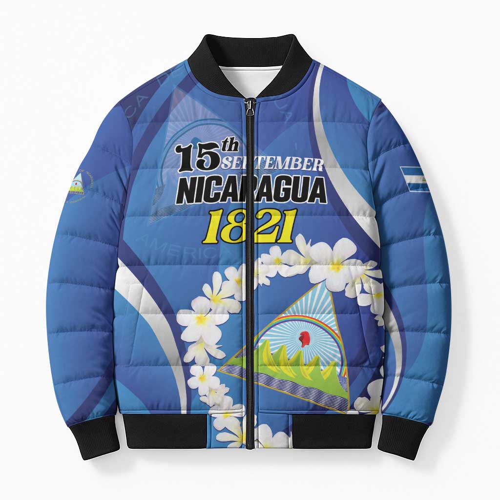 Personalized Nicaragua Independence Day 1821 Bomber Puffer Jacket Plumeria Floral - Wonder Print Shop