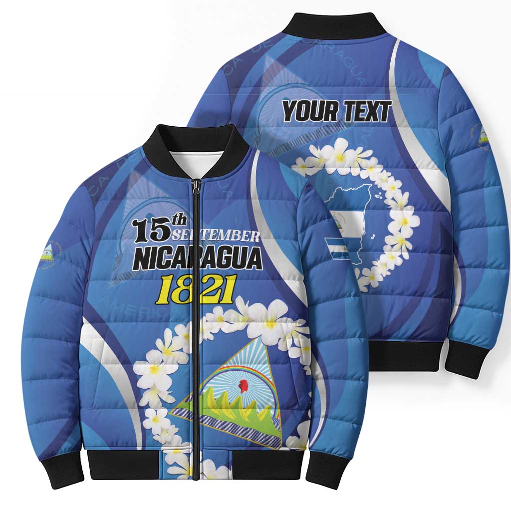 Personalized Nicaragua Independence Day 1821 Bomber Puffer Jacket Plumeria Floral - Wonder Print Shop