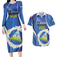 Personalized Nicaragua Independence Day 1821 Couples Matching Long Sleeve Bodycon Dress and Hawaiian Shirt Plumeria Floral - Wonder Print Shop