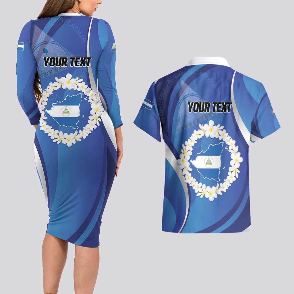 Personalized Nicaragua Independence Day 1821 Couples Matching Long Sleeve Bodycon Dress and Hawaiian Shirt Plumeria Floral - Wonder Print Shop