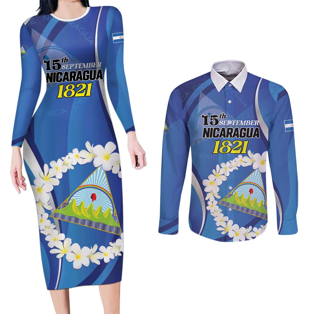 Personalized Nicaragua Independence Day 1821 Couples Matching Long Sleeve Bodycon Dress and Long Sleeve Button Shirt Plumeria Floral - Wonder Print Shop